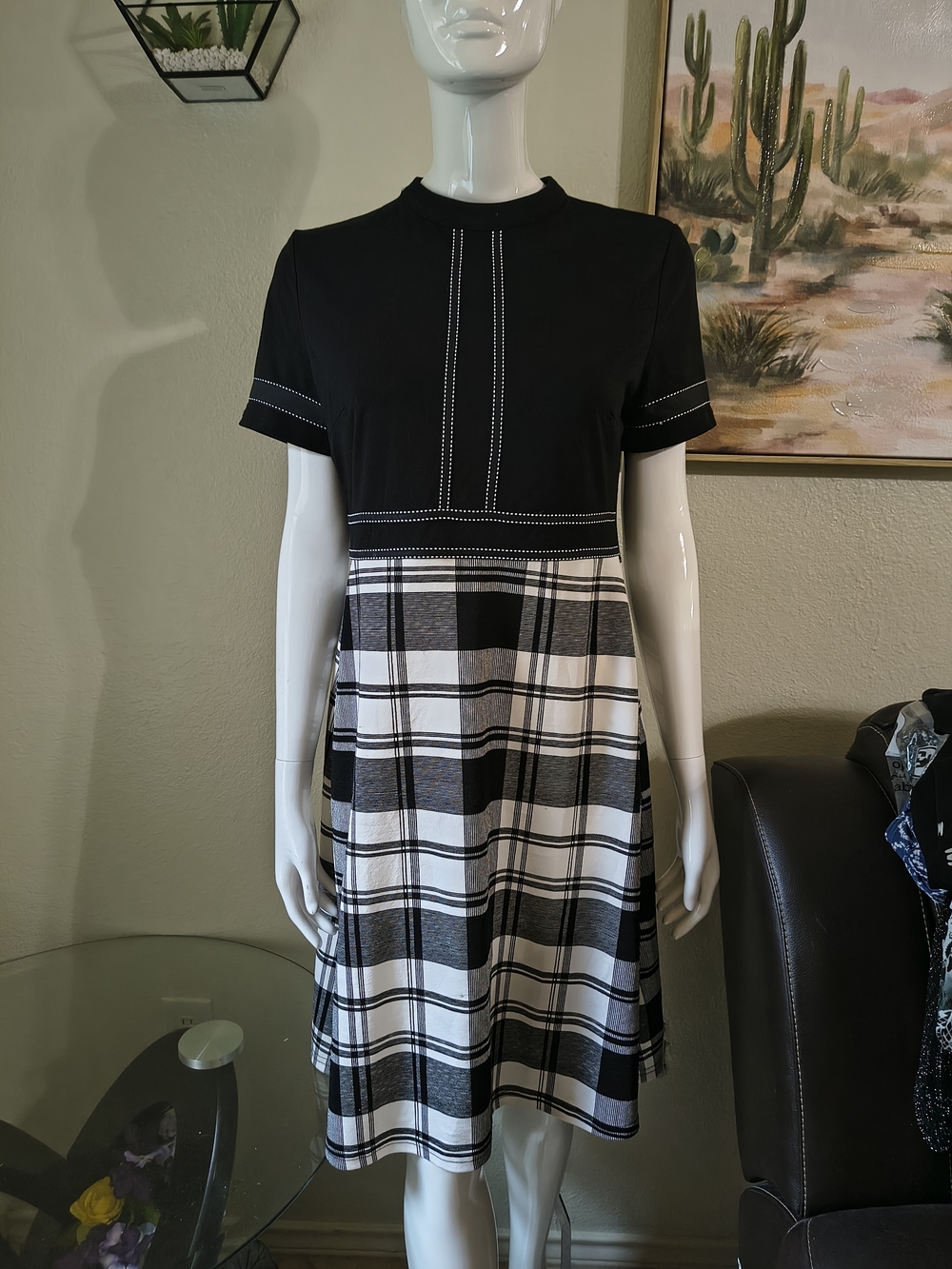 Black & White Plaid Midi Dress with Contrasting Bodice